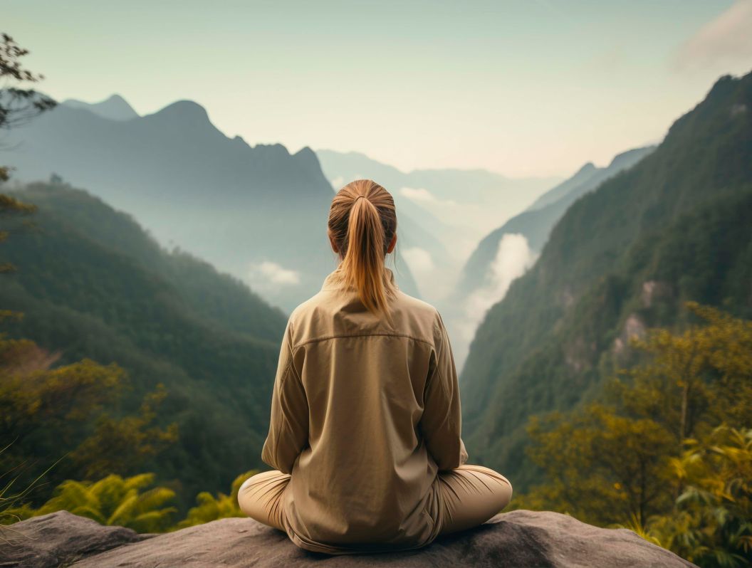 Lady meditating on mountain